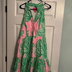 Pink and Green Leaf Print Halter Dress